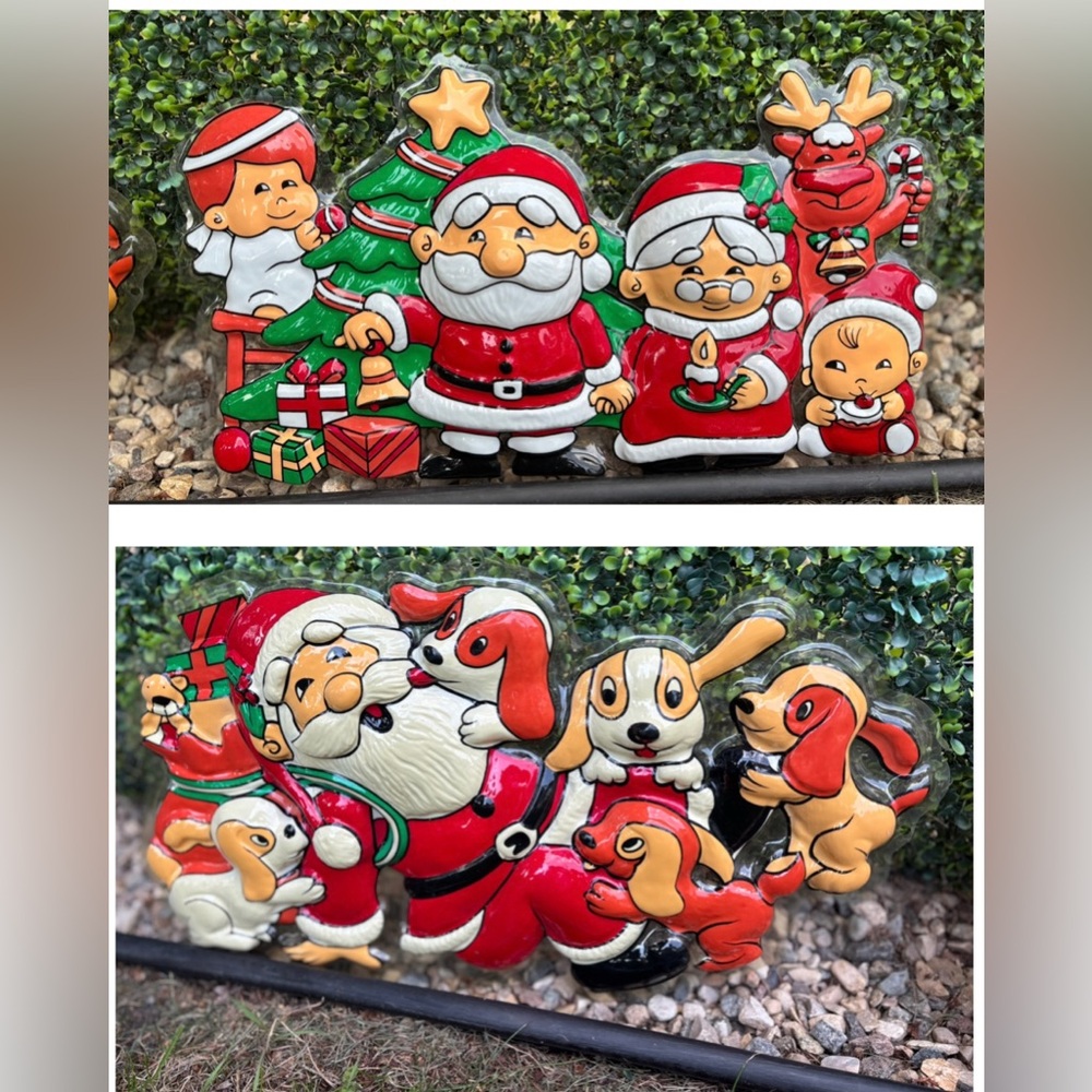 70's Molded Christmas Decorations - 2 - Santa and Mrs. Claus - Santa and Dogs